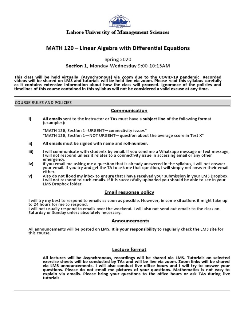 Section 1 MATH 120 - Linear Algebra With Differential Equations | PDF ...
