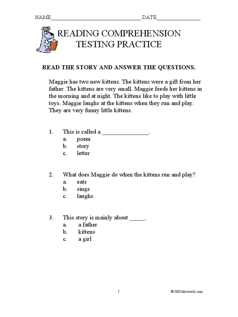 Reading Comp Practice Test Level 1 PDF