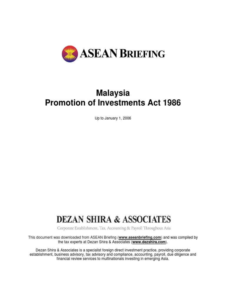ASEAN Malaysia Promotion of Investments Act 1986 PDF Tax Exemption