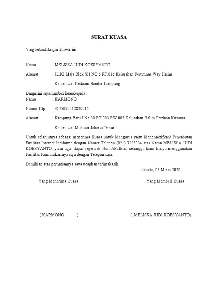 Surat Kuasa Indihome PDF