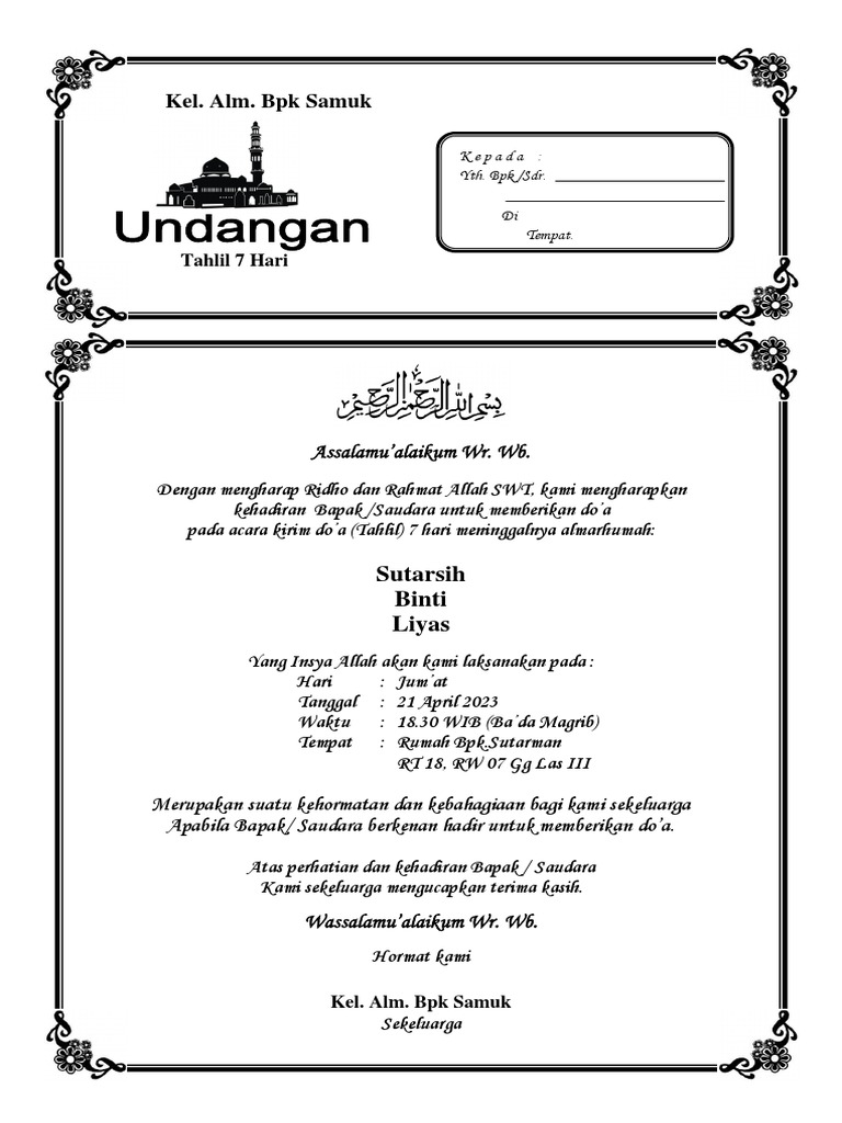Undangan Tahlil 7 Hari | PDF