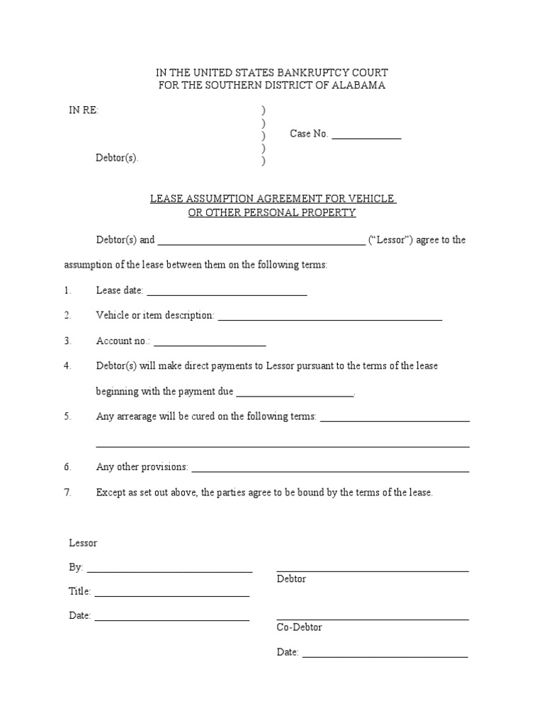 Lease Assumption Agreement For Vehicle or Pers Prop Blank Form PDF