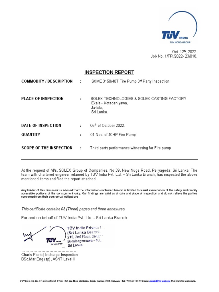 SXME 3150/40T Fire Pump Inspection Report | PDF | Calibration ...