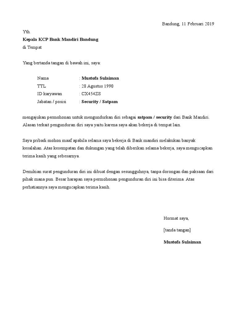 Surat Pengunduran Diri Security | PDF