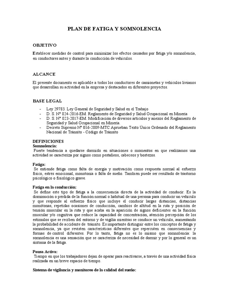 Plan de fatiga y somnolencia - FSS | PDF | Seguridad y salud ...