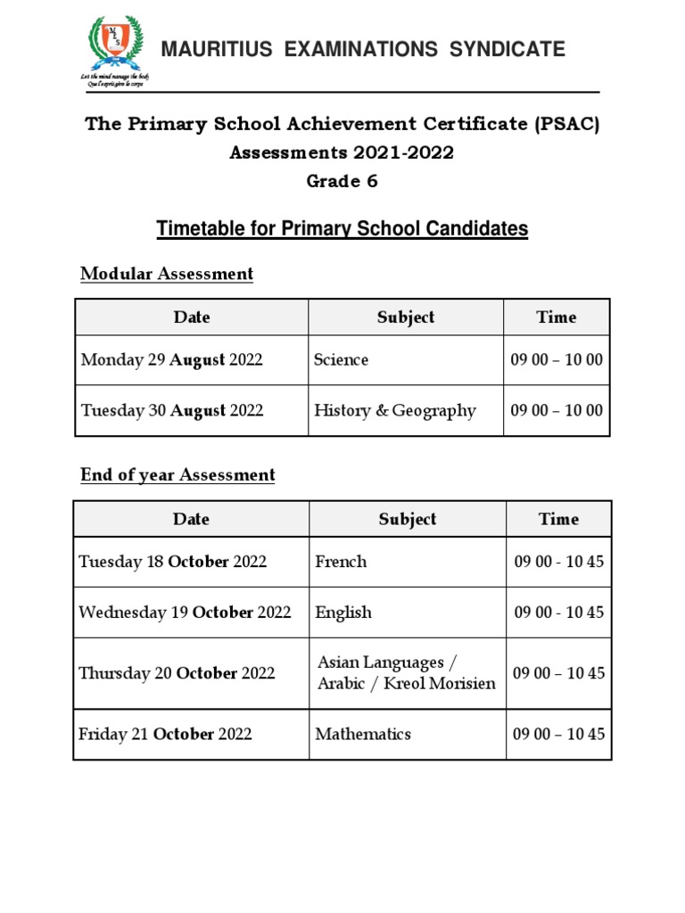 Grade 6 School Cand Timetable 2021 2022 PDF