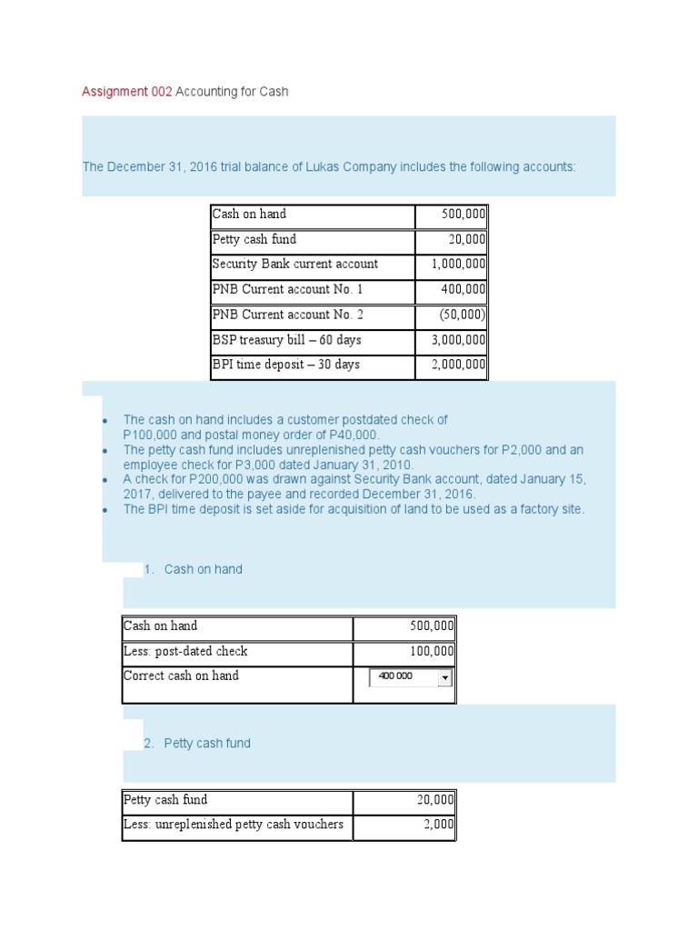 Assignment and Quiz 2 Accounting For Cash | PDF | Cheque | Debits And ...