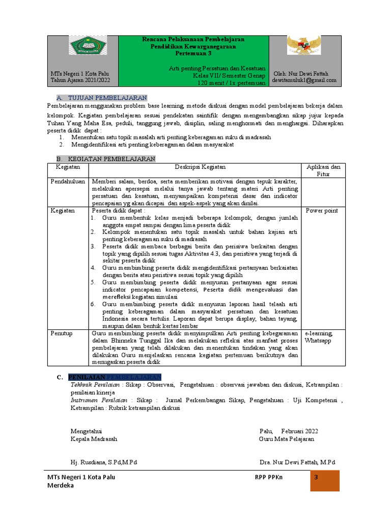 RPP 3 Arti Penting Persatuan Dan Kesatuan | PDF