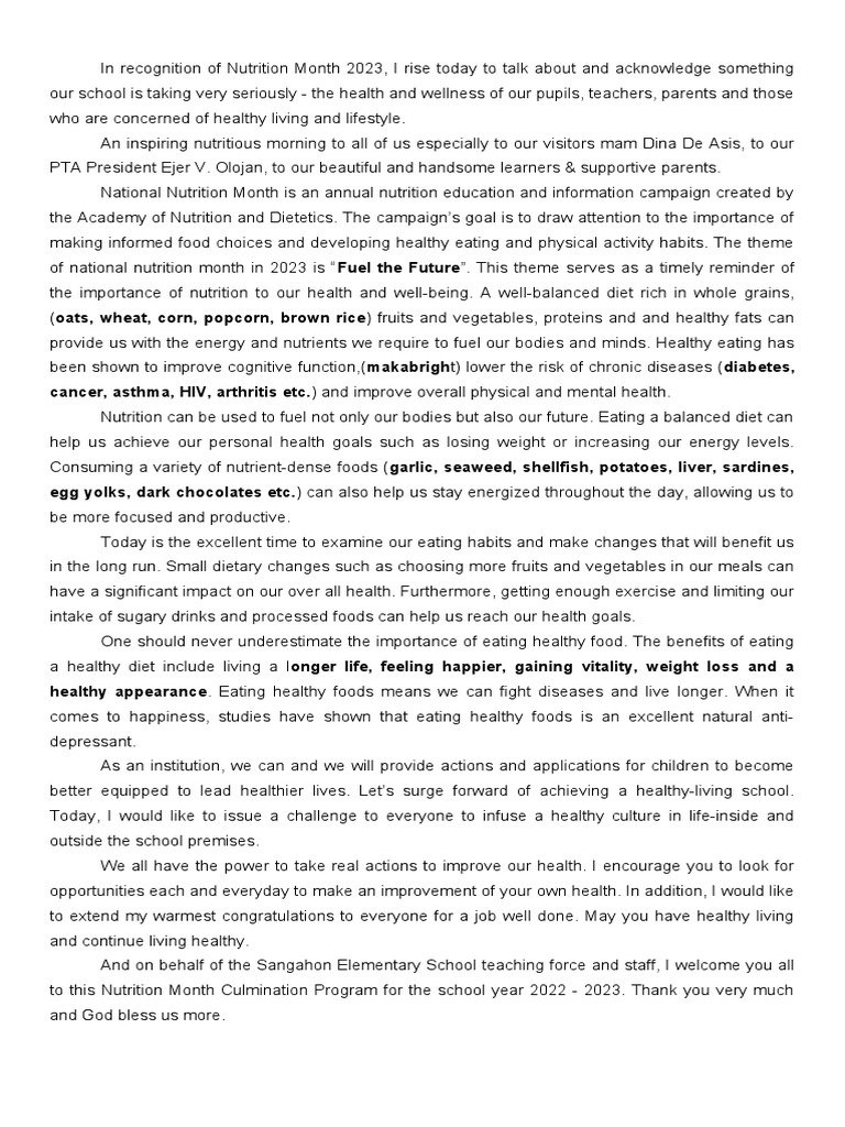 Nutrition Month Message PDF Healthy Diet Nutrition