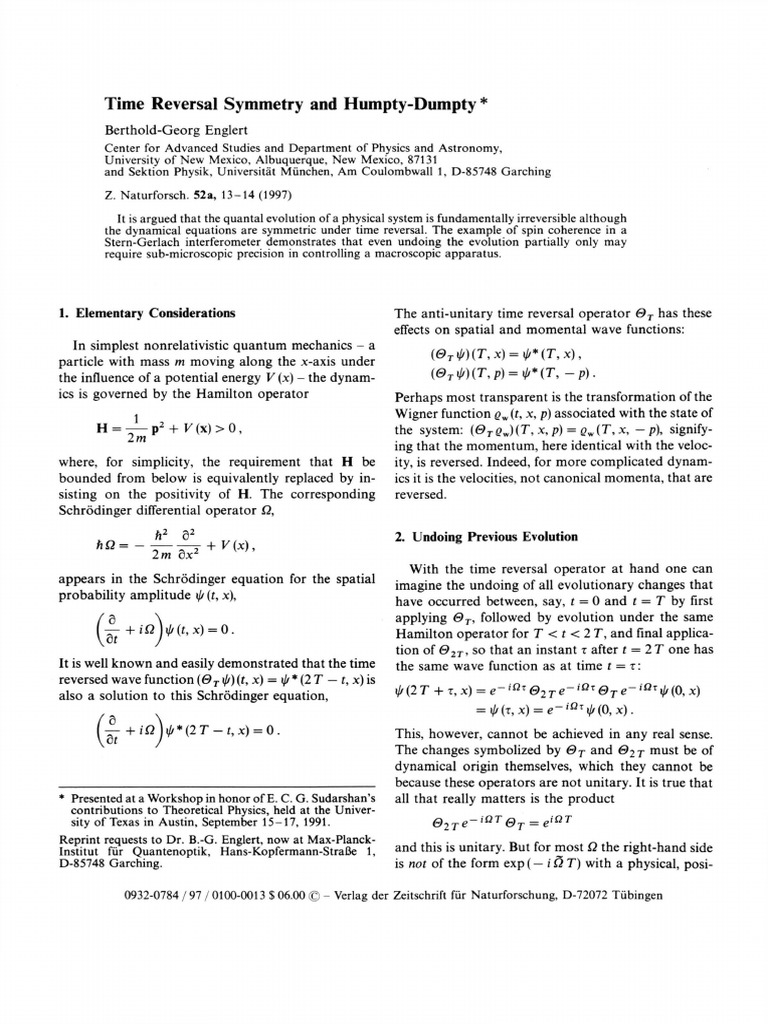 Time Reversal Symmetry in Quantum Mechanics | PDF | Wave Function ...