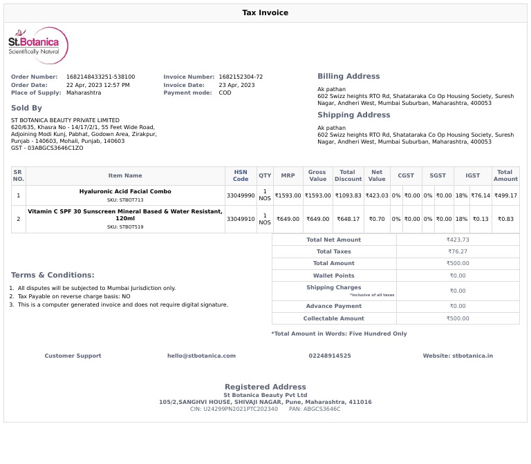 Tax Invoice for ST Botanica Order | PDF | Taxation | Taxes