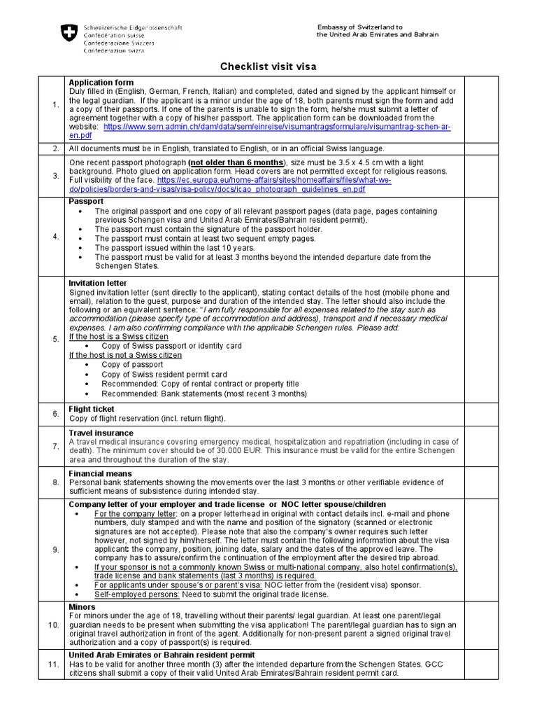 Switzerland Visa Application Checklist | PDF