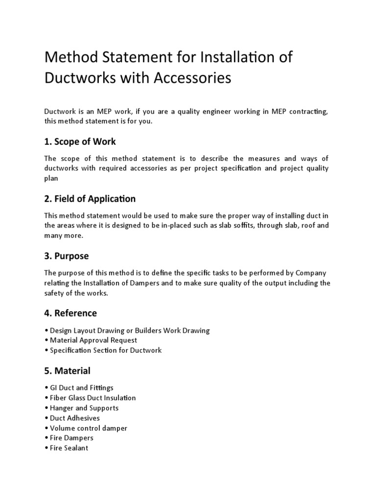 Ductwork Installation Method Statement | PDF | Duct (Flow) | Equipment