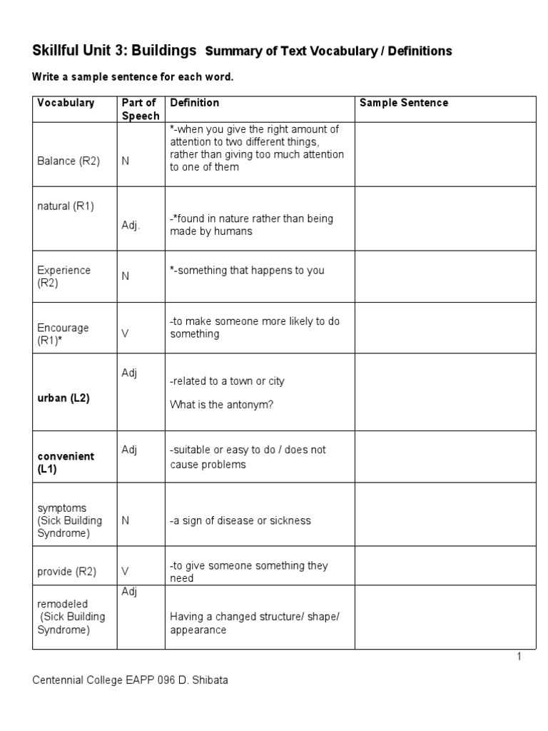 Skillful 1 Vocabulary Chart Unit 3 Student VersionB | PDF | Vocabulary ...