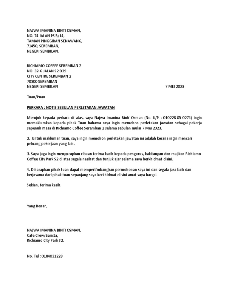 Notis Perletakan Jawatan Najwa Osman | PDF