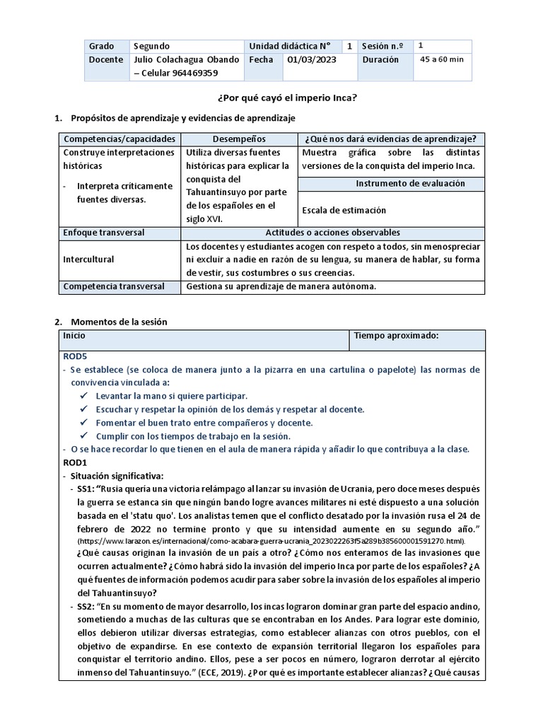 Sesión de Aprendizaje - Ejemplo Completo - CCSS | PDF | Imperio Inca ...