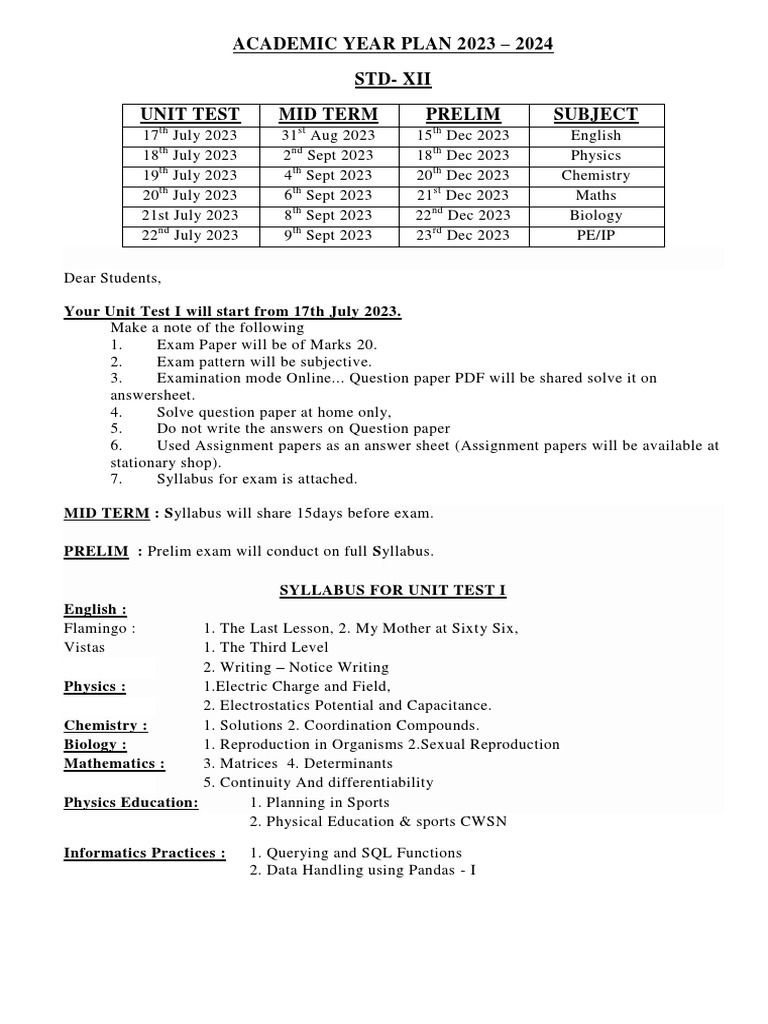 CBSE Academic Year Plan 2023 24 (Aundh) PDF