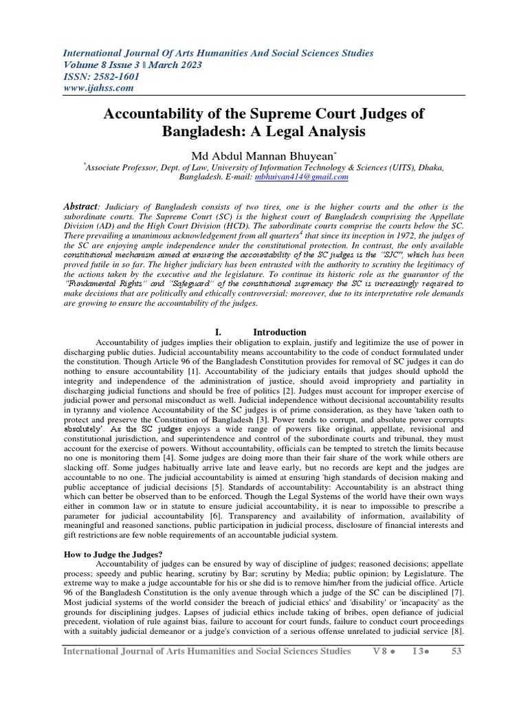 Accountability Of The Supreme Court Judges Of Bangladesh A Legal