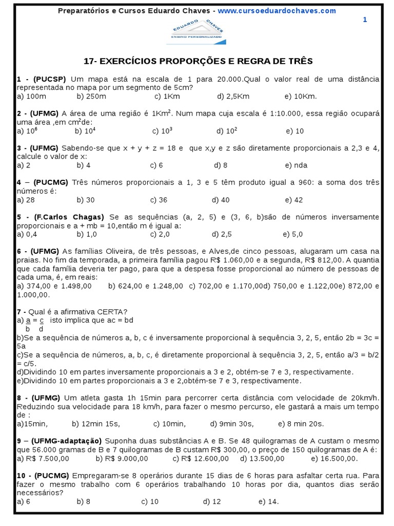 17 - Exercícios Proporções e Regra de Três | Download grátis PDF | Coelho