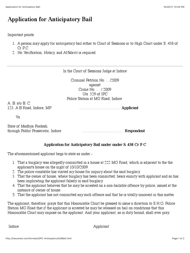Anticipatory Bail Application Format | PDF | Bail | Legal Action
