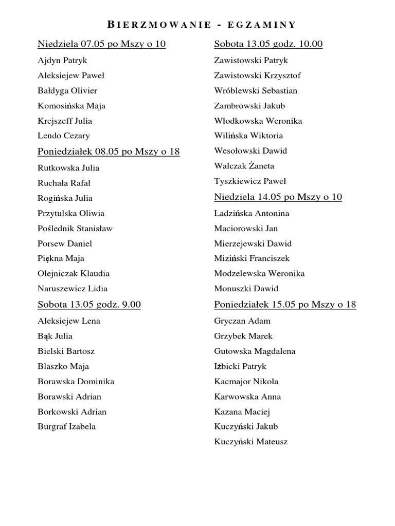Bierzmowanie Egzaminy PDF