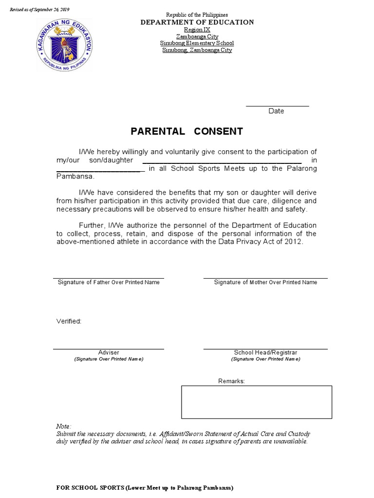 Parental Consent for School Sports Participation | PDF | Government