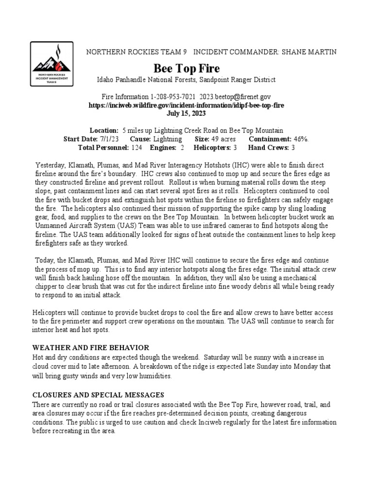 Inciweb Bee Top Press Release 71523 PDF Fires Unmanned Aerial Vehicle