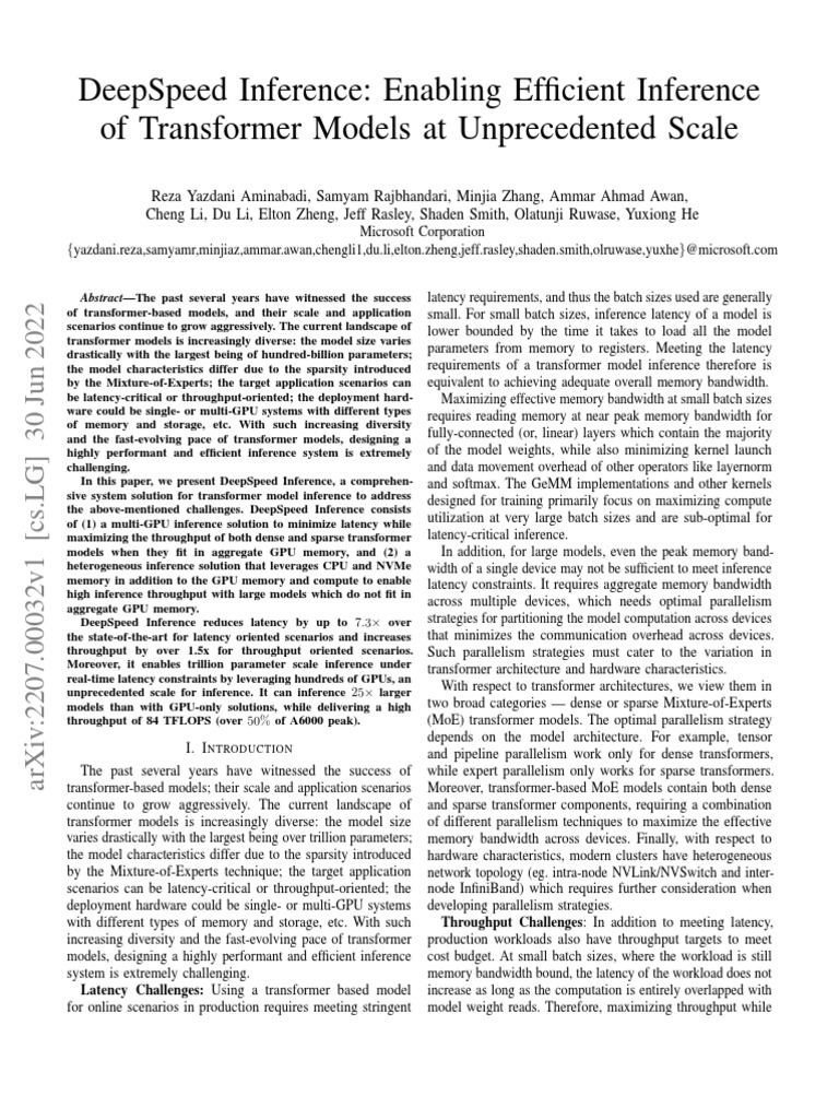 Deepspeed inference enabling efficient inference of transformer