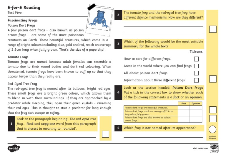 5-For-5 Reading Test 5 Questions | PDF | Frog | Organisms