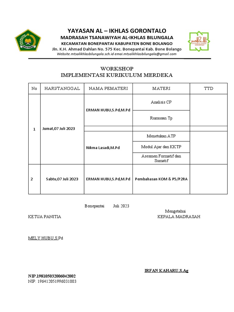 Workshop Kurikulum Merdeka MTS Al-Ikhlas | PDF