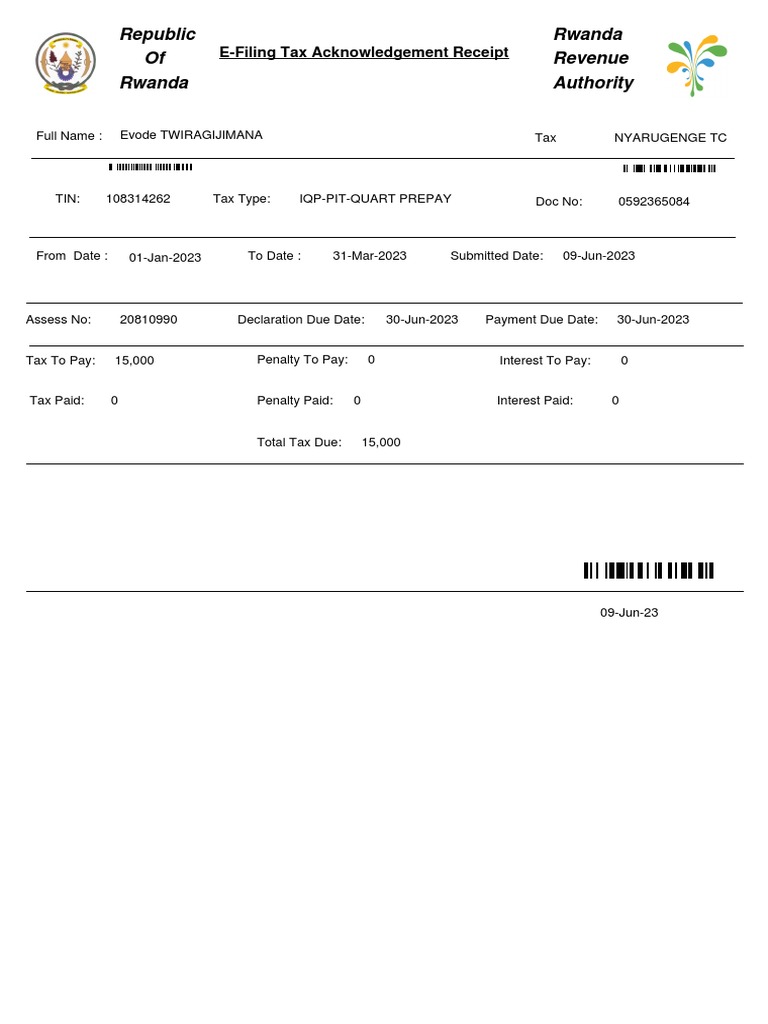 Rwanda E-Filing Tax Receipt 2023 | PDF