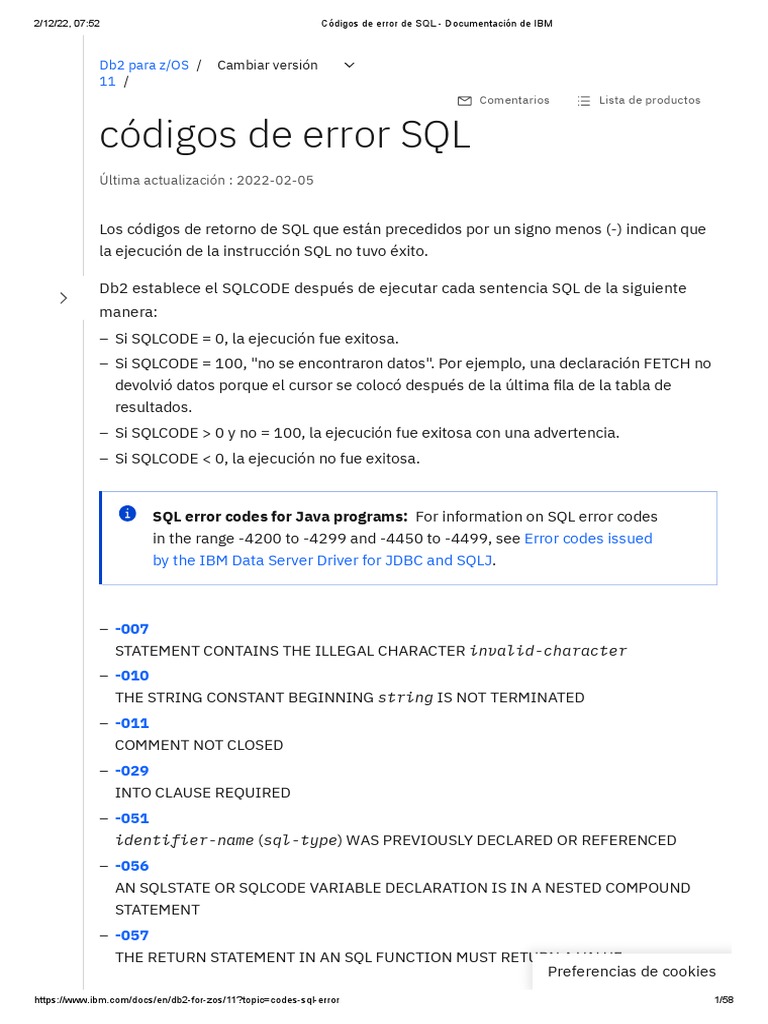 Códigos de Error de SQL - Documentación de IBM | PDF | SQL | Función ...