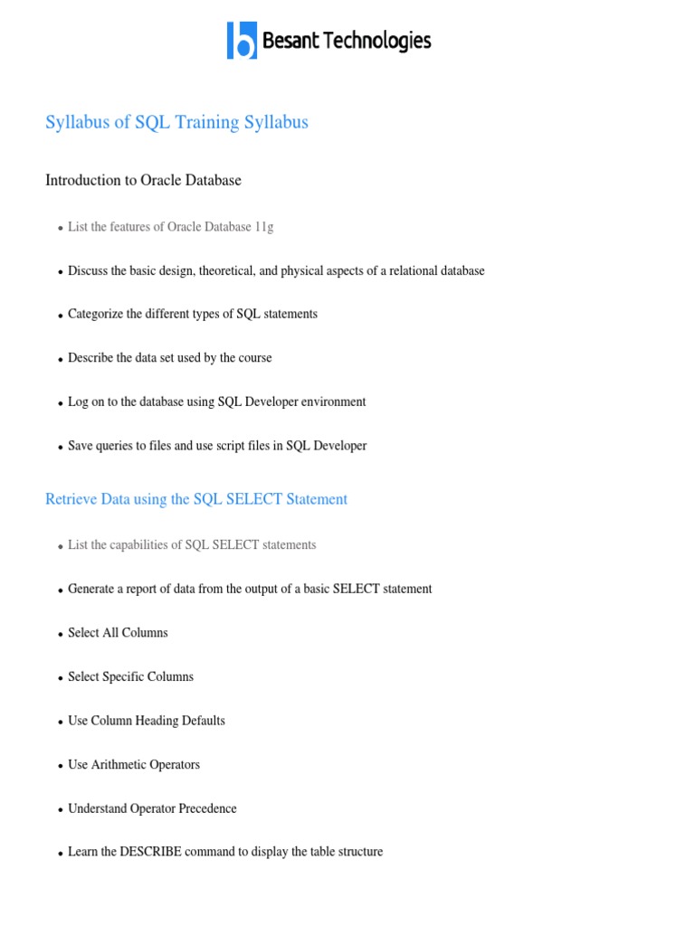 SQL Syllabus | PDF | Database Index | Sql