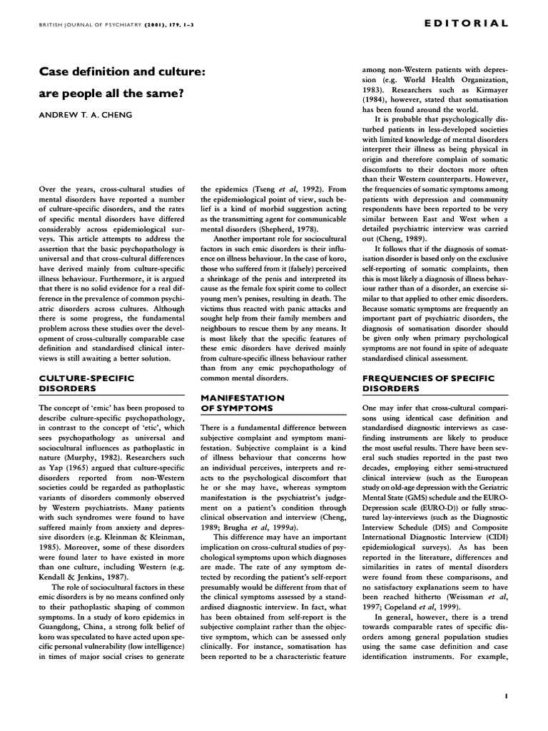 Case Definition and Culture Are People All The Same PDF Mental