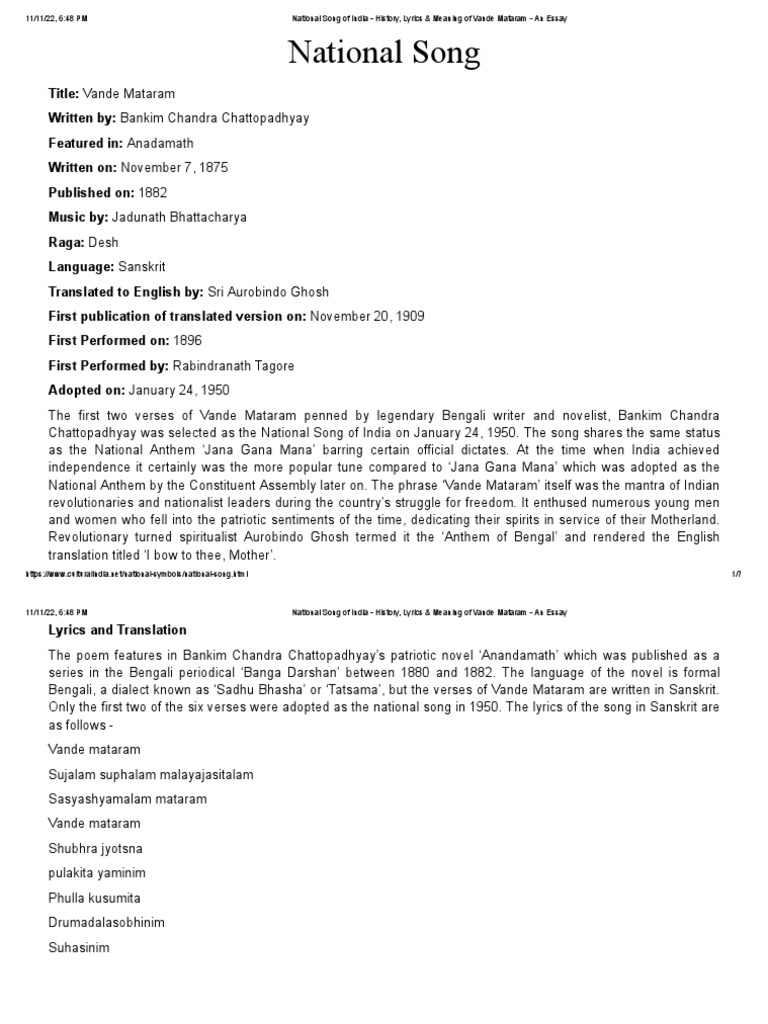 National Song of India History, Lyrics & Meaning of Vande Mataram