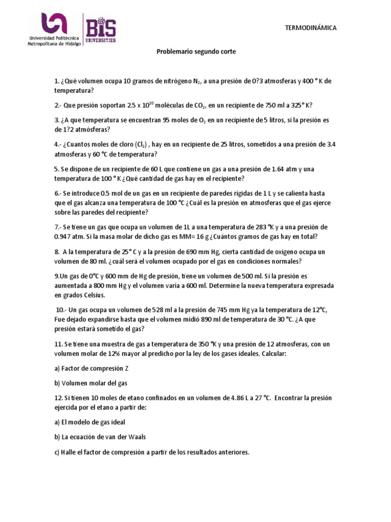 Problemas de Termodinámica y Gases | PDF | Gases | Mole (Unidad)