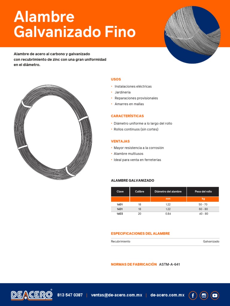 Alambre Galvanizado Fino Deacero Ficha Tecnica | PDF