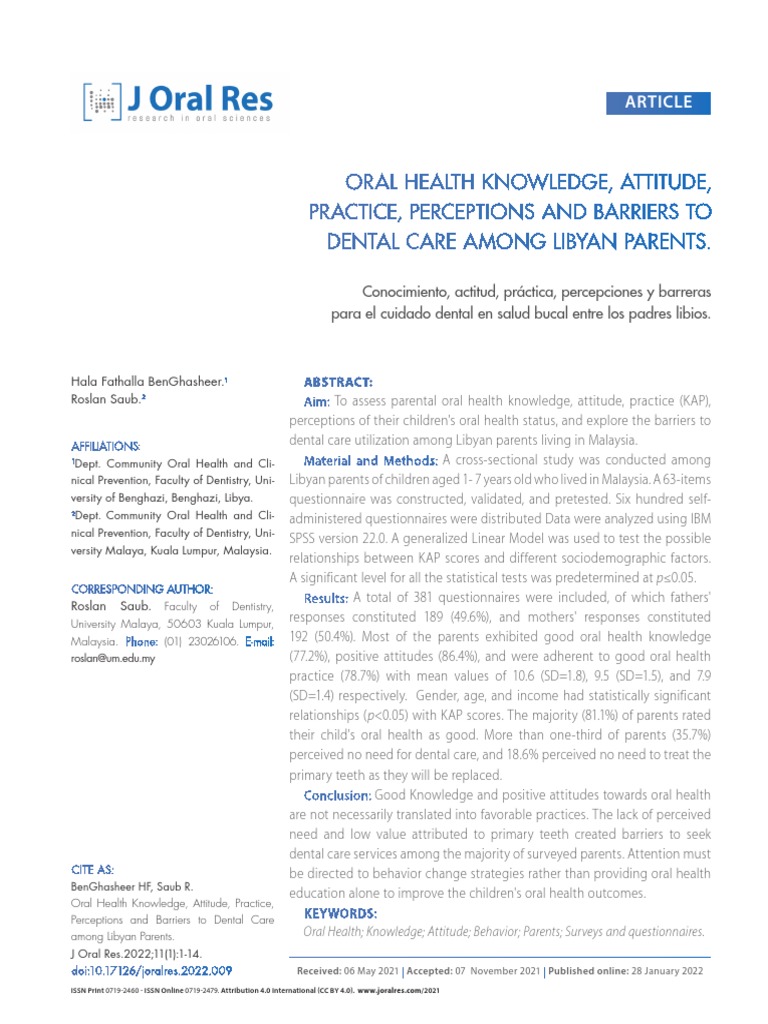 Oral Health Knowledge, Attitude, Practice, Perceptions and Barriers To