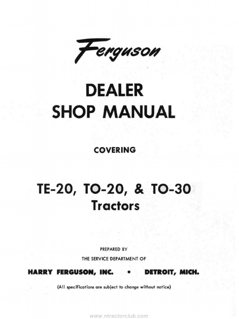 Fergon Model TE20, TO20 & TO30 Tractor Service Repair Manual