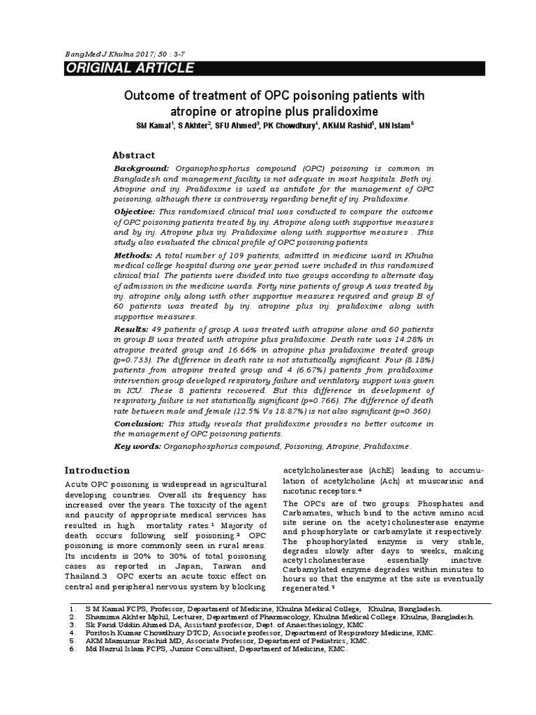 Outcome of treatment of opc poisoning patients with atropine or