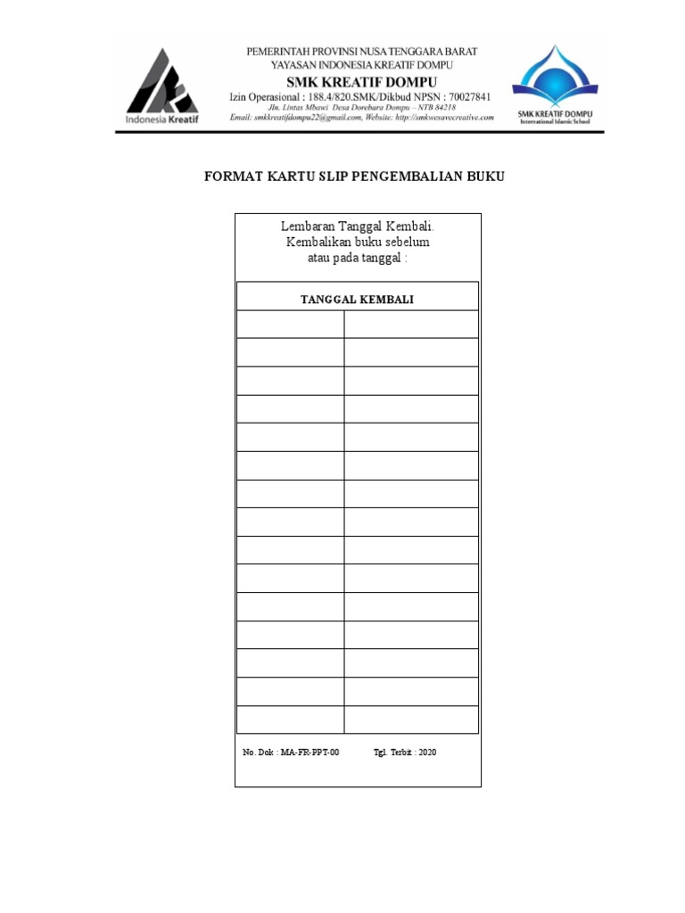 Format Kartu Slip Pengembalian Buku | PDF