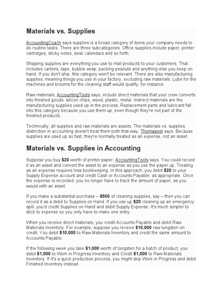 Materials Vs SUPPLIES PDF Debits And Credits Inventory