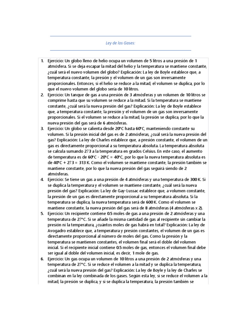 Ejercicios de Leyes de Gases y Gases Ideales | PDF | Gases | Temperatura