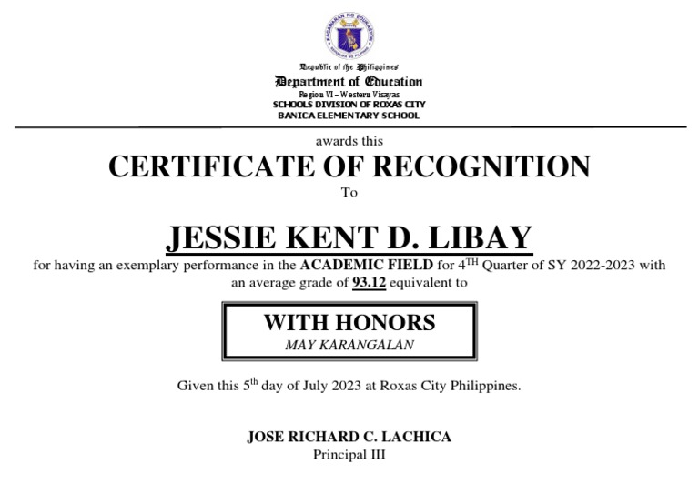 Certificate of Recognition Academic Excellence | PDF
