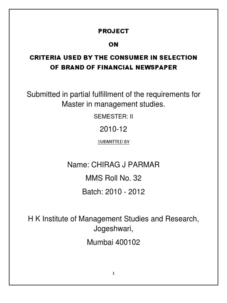 Submitted in Partial Fulfillment of The Requirements For Master in