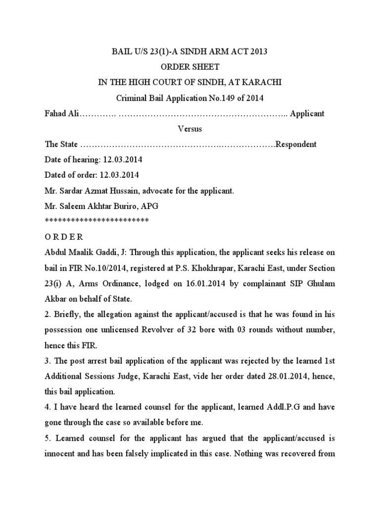 Bail 23 A Sindh Arms Act HC Karachi PDF Bail Misconduct
