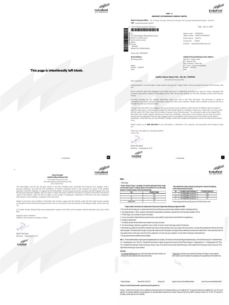 IndiaFirst Money Balance Plan Details | PDF | Insurance | Life Insurance