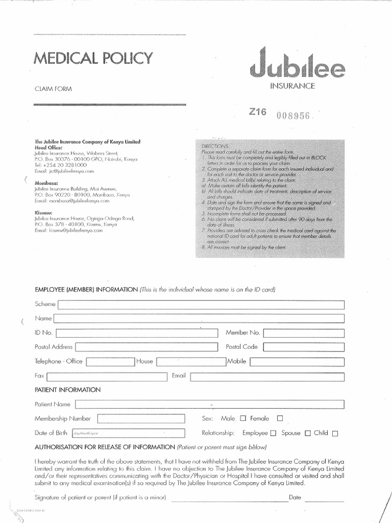 Jubilee Outpatient Claim Form PDF