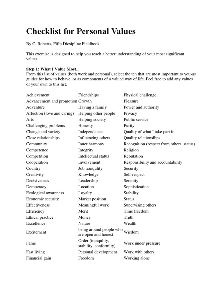 Personal Values Identification Checklist | PDF