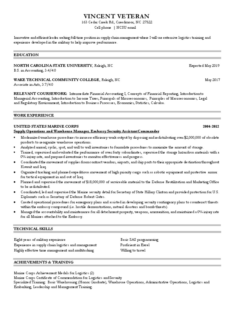Vincent Veteran Resume PDF Logistics Warehouse